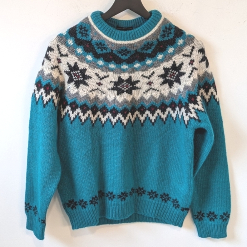 Vintage Woolrich Wool Mohair Teal Fair Isle Snowflake Holiday Christmas Sweater